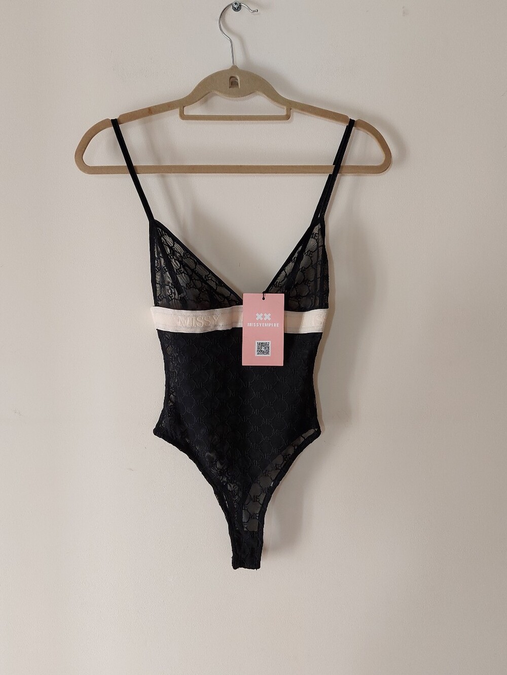 Missy Empire Womens Black Lacey Sheer Thong Bodysuit Size 2